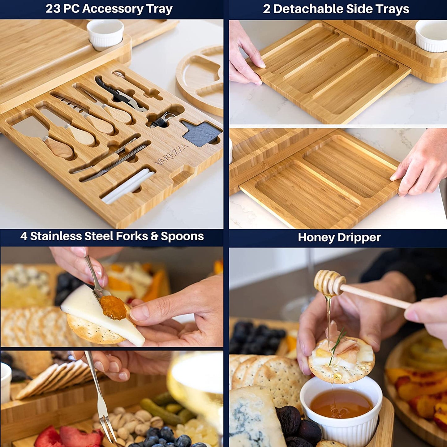 VAREZZA Bamboo Cheese Board and Knife Set. Extra Large Charcuterie Board Set - Serving Board, Side Cheese Tray, Round Bamboo Fruit Cheese Platter, 23 Entertaining Accessories for House Warming Gifts